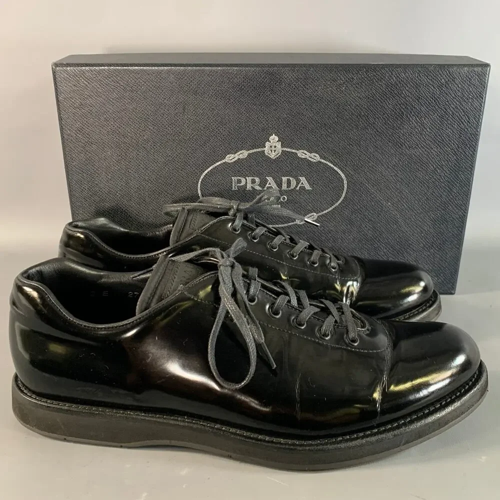 PRADA Size 10 Black 2E2718 Leather Lace Up Shoes